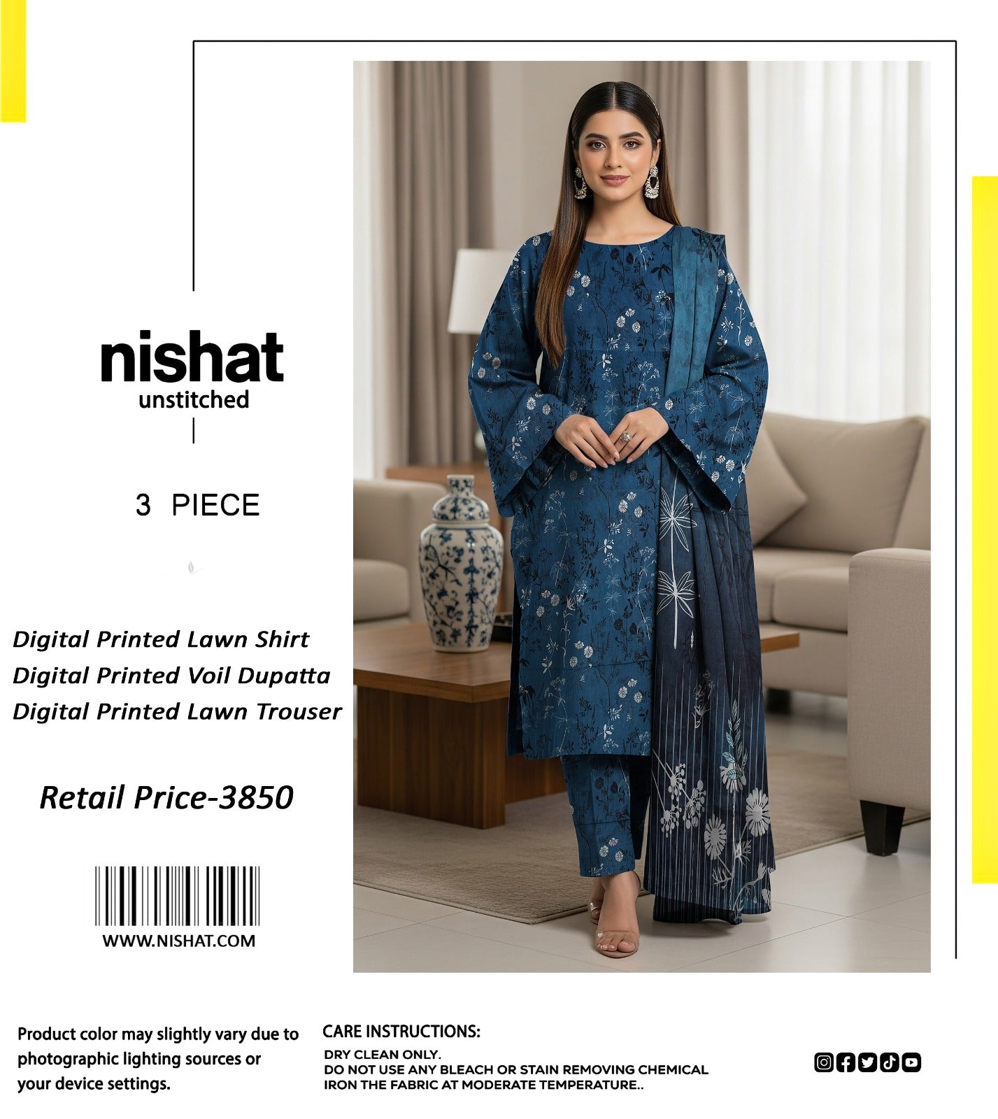 Nishat Linen 3 Piece Unstitched Digital Printed Lawn Suit with Voil Dupatta - Teal Blue
