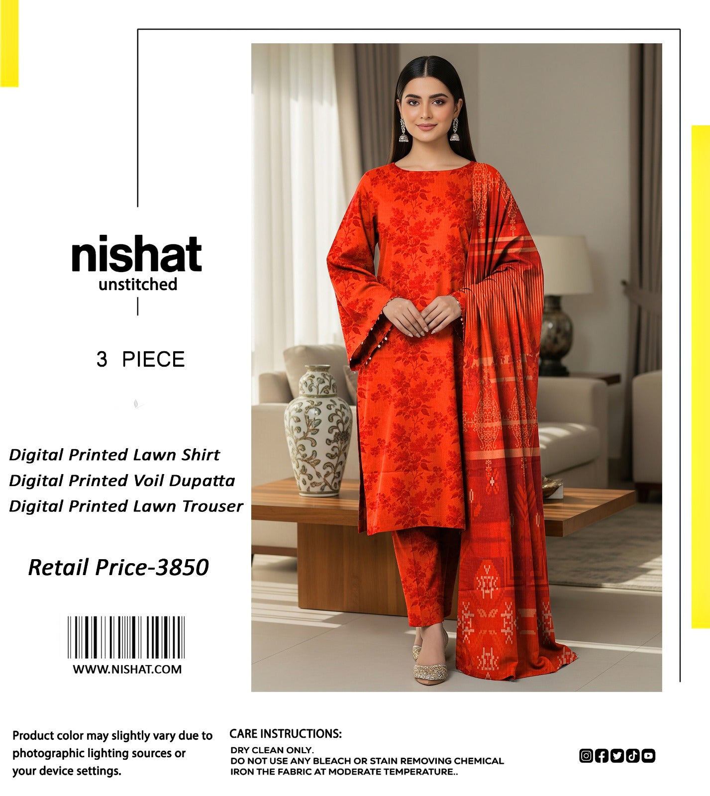 Nishat Unstitched 3 Piece Digital Printed Lawn Suit - Vibrant Orange Floral