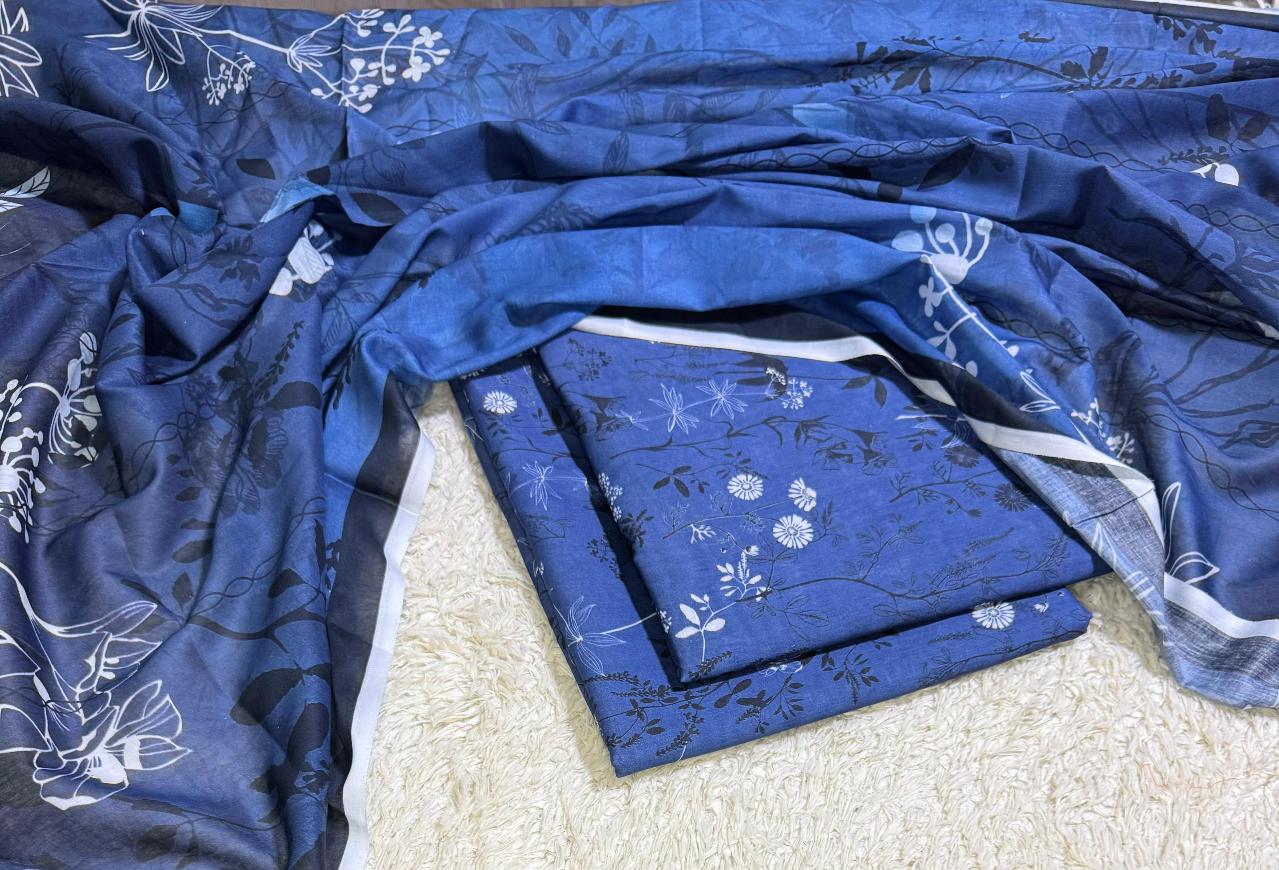 Nishat Linen 3 Piece Unstitched Digital Printed Lawn Suit with Voil Dupatta - Teal Blue