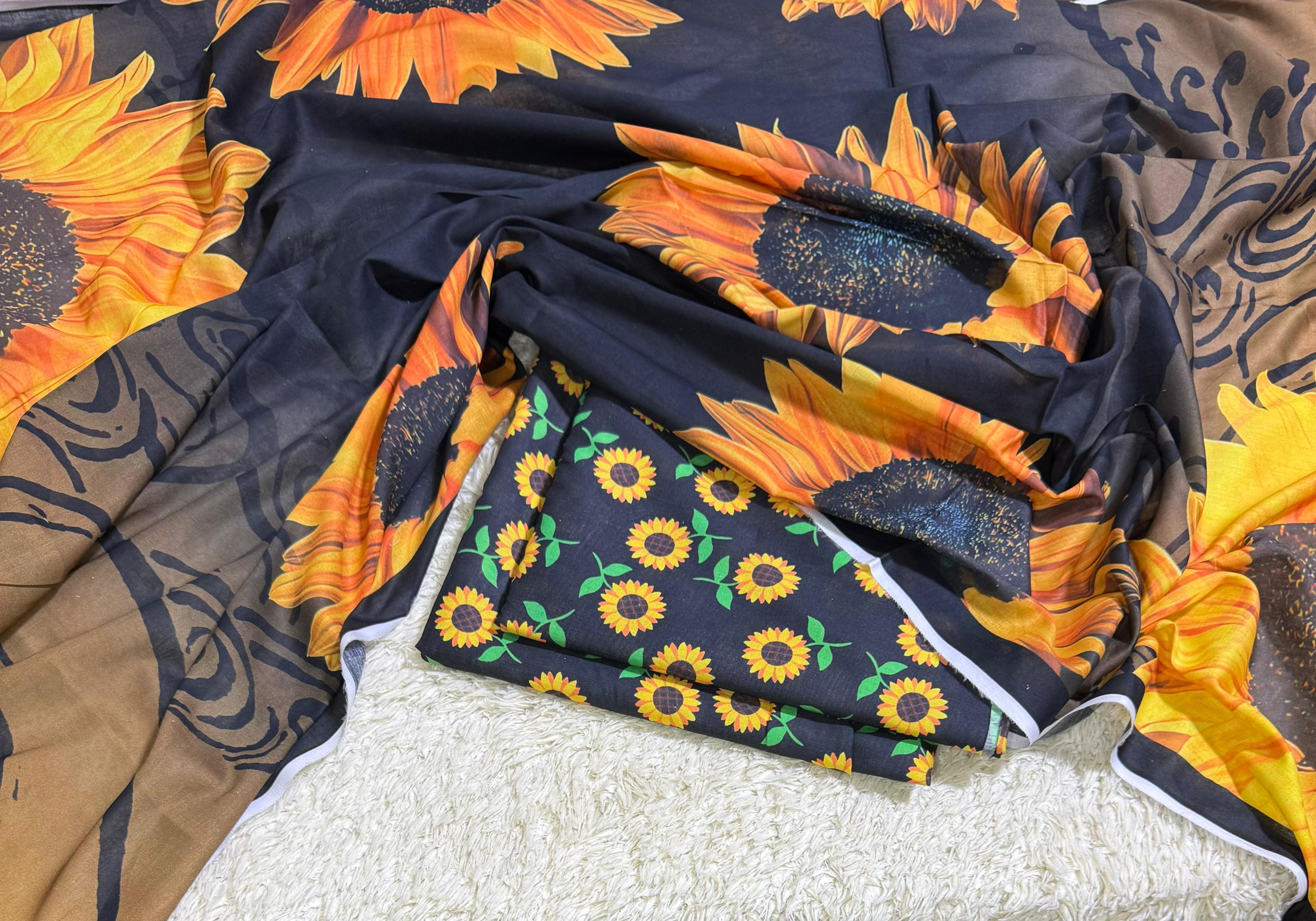 Nishat Unstitched 3 Piece Digital Printed Lawn Suit - Sunflower Print Black & Yellow