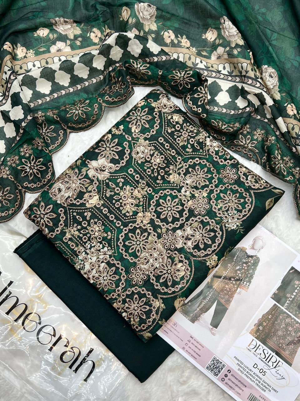 Almeerah Luxury Embroidered Lawn 3 Piece Unstitched Suit - Heavy Daman Boring Work - Premium Voil Dupatta