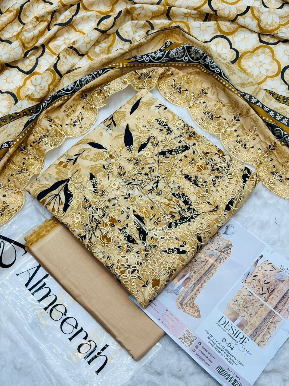 Almeerah Luxury Embroidered Lawn 3 Piece Unstitched Suit - Heavy Daman Boring Work - Premium Voil Dupatta