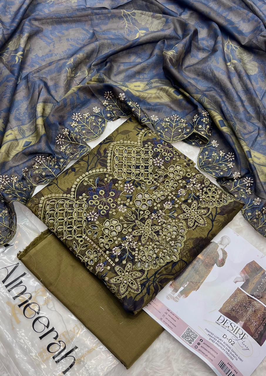 Almeerah Luxury Embroidered Lawn 3 Piece Unstitched Suit - Heavy Daman Boring Work - Premium Voil Dupatta