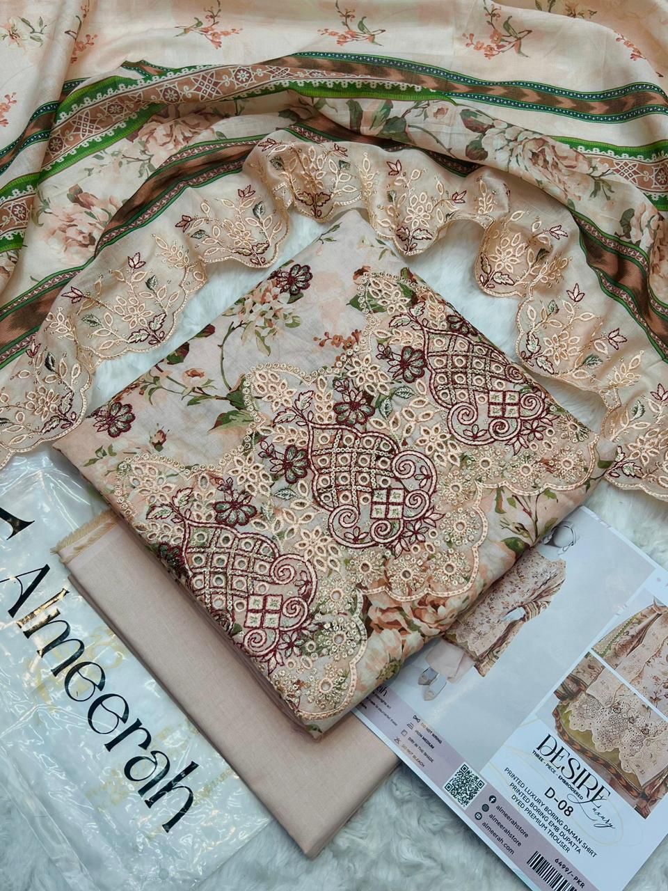 Almeerah Luxury Embroidered Lawn 3 Piece Unstitched Suit - Heavy Daman Boring Work - Premium Voil Dupatta