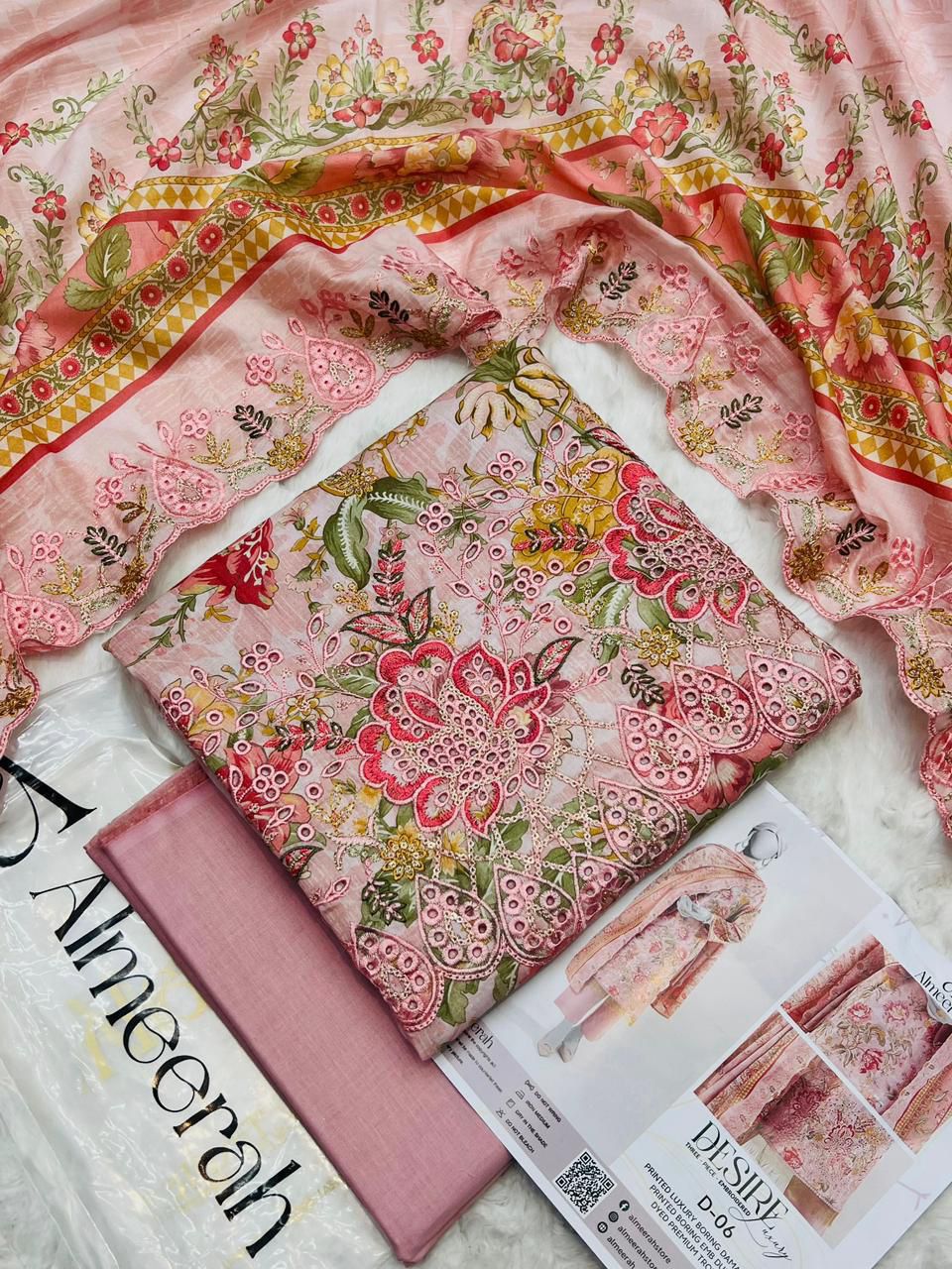 Almeerah Luxury Embroidered Lawn 3 Piece Unstitched Suit - Heavy Daman Boring Work - Premium Voil Dupatta