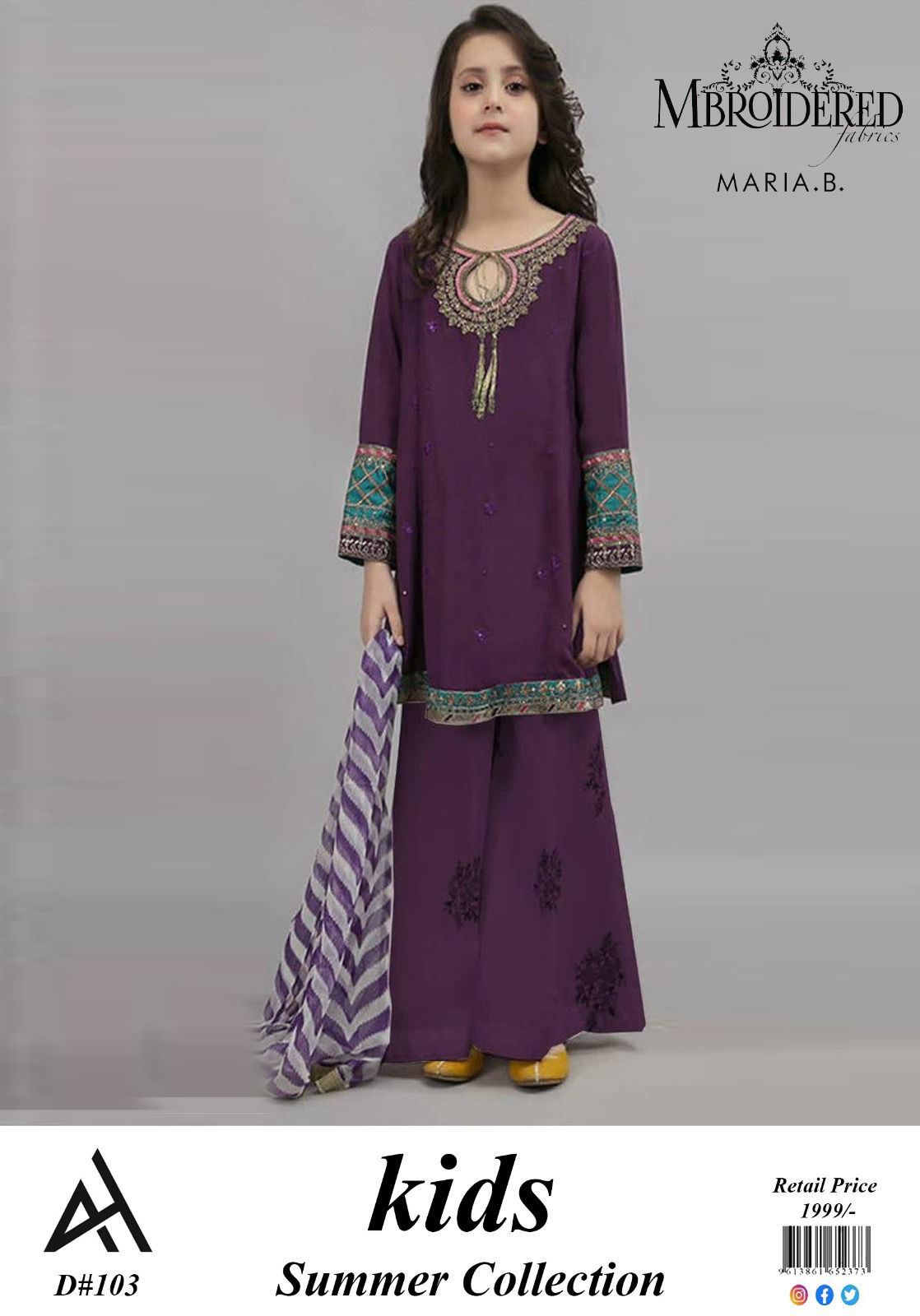 ✨ Maria B Kids Blue Printed Lawn 3 Piece Suit – Girls Summer Cotton Lawn Dress with Trouser & Dupatta | Soft & Comfortable Casual Wear