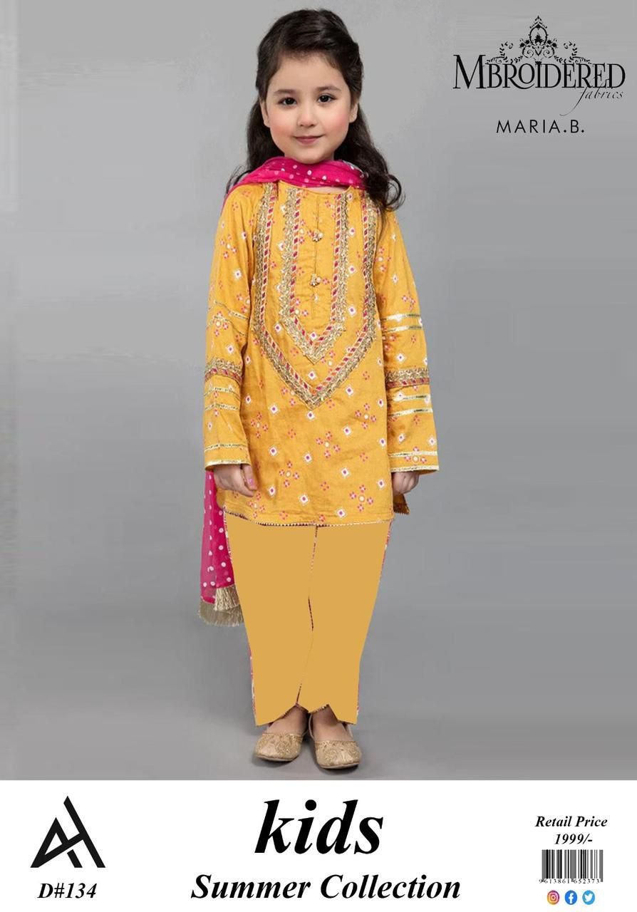 ✨ Maria B Kids Blue Printed Lawn 3 Piece Suit – Girls Summer Cotton Lawn Dress with Trouser & Dupatta | Soft & Comfortable Casual Wear