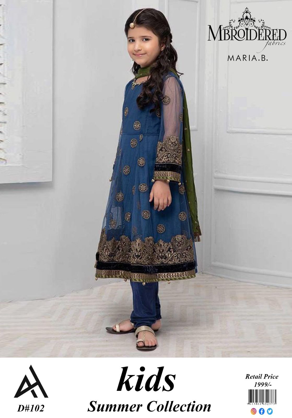 ✨ Maria B Kids Blue Printed Lawn 3 Piece Suit – Girls Summer Cotton Lawn Dress with Trouser & Dupatta | Soft & Comfortable Casual Wear