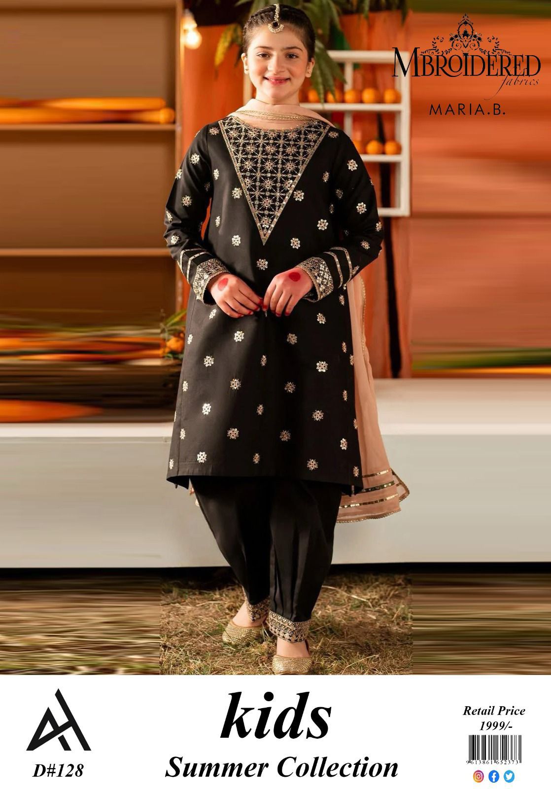 ✨ Maria B Kids Blue Printed Lawn 3 Piece Suit – Girls Summer Cotton Lawn Dress with Trouser & Dupatta | Soft & Comfortable Casual Wear