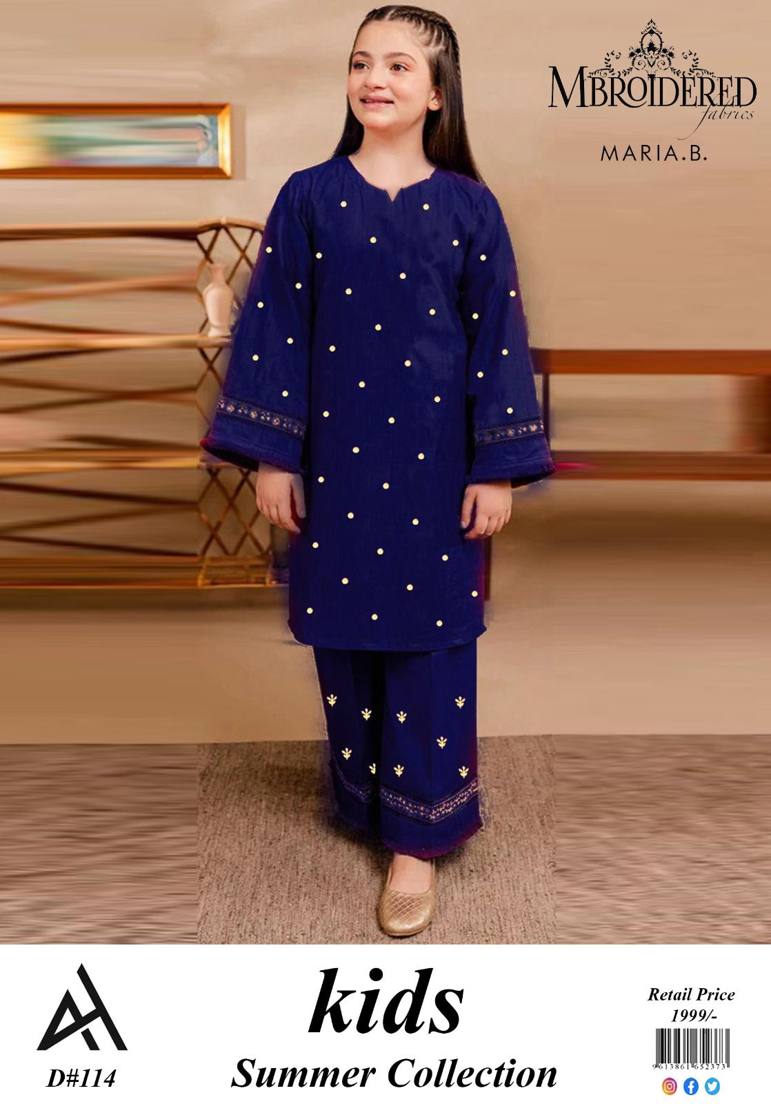 ✨ Maria B Kids Blue Printed Lawn 3 Piece Suit – Girls Summer Cotton Lawn Dress with Trouser & Dupatta | Soft & Comfortable Casual Wear