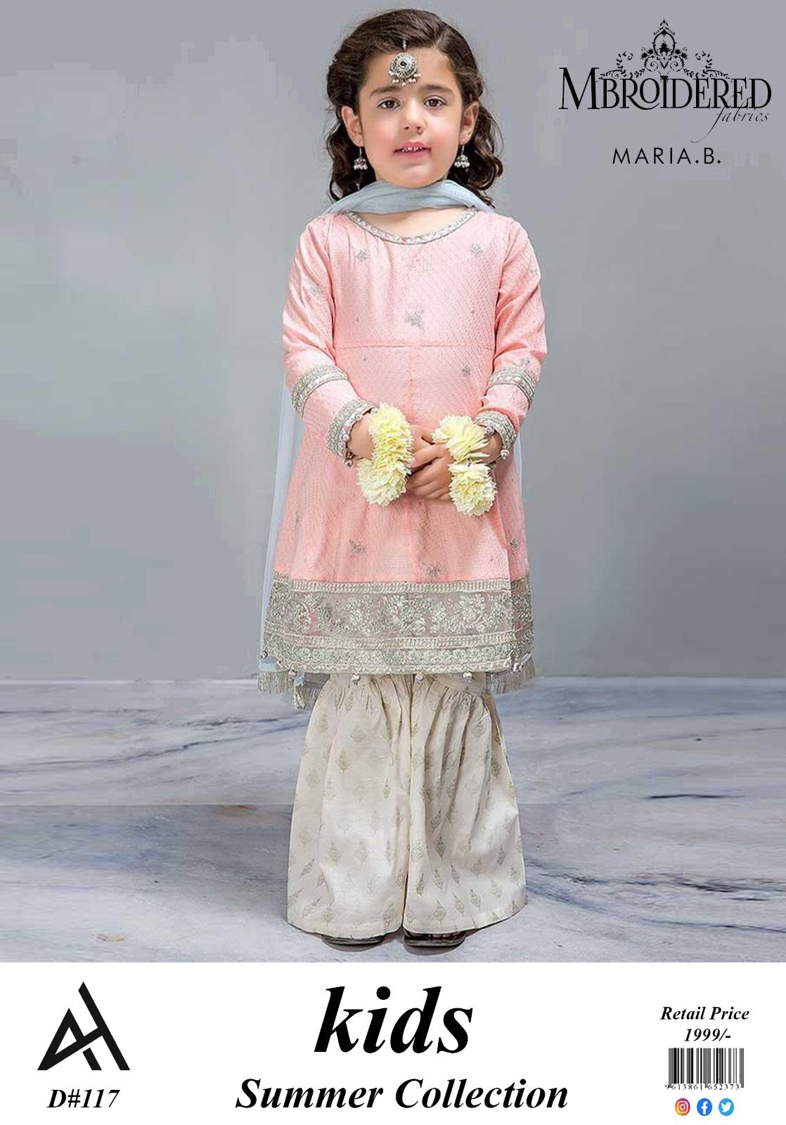 ✨ Maria B Kids Blue Printed Lawn 3 Piece Suit – Girls Summer Cotton Lawn Dress with Trouser & Dupatta | Soft & Comfortable Casual Wear