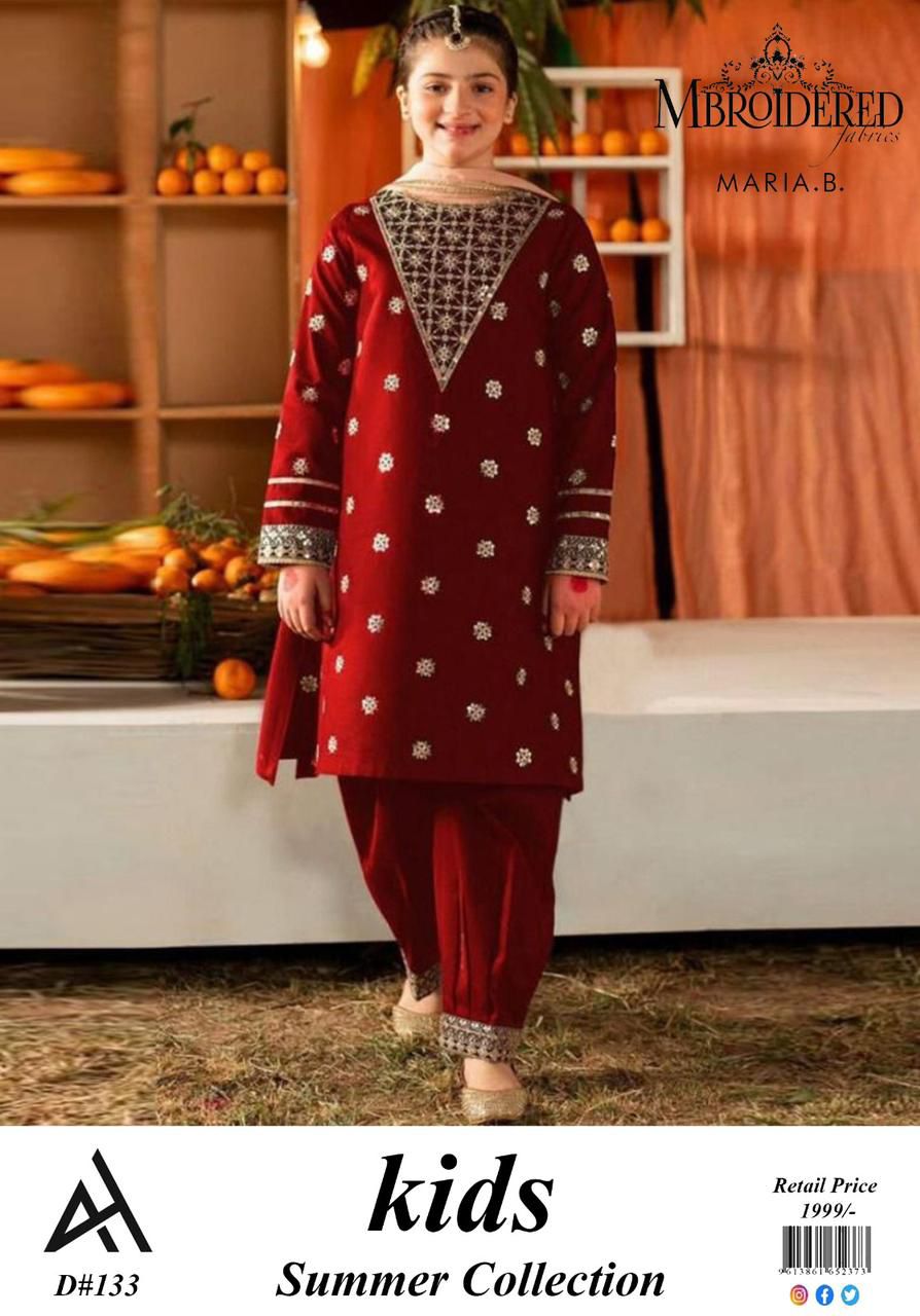 ✨ Maria B Kids Blue Printed Lawn 3 Piece Suit – Girls Summer Cotton Lawn Dress with Trouser & Dupatta | Soft & Comfortable Casual Wear