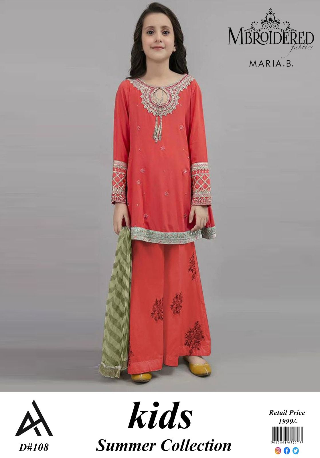 ✨ Maria B Kids Blue Printed Lawn 3 Piece Suit – Girls Summer Cotton Lawn Dress with Trouser & Dupatta | Soft & Comfortable Casual Wear
