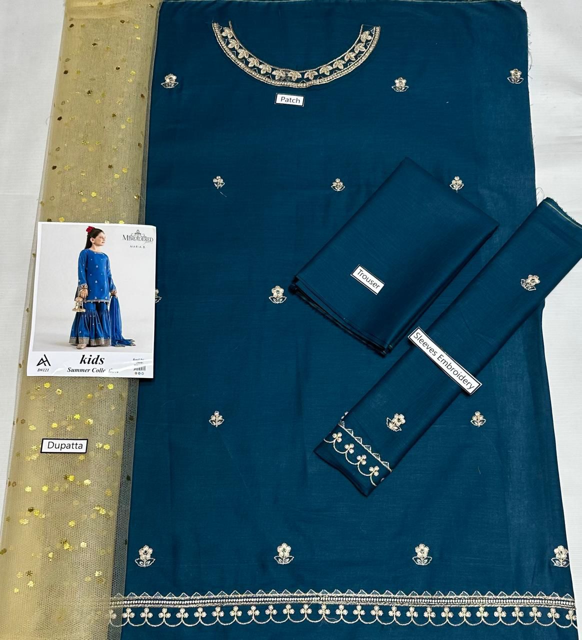 ✨ Maria B Kids Blue Printed Lawn 3 Piece Suit – Girls Summer Cotton Lawn Dress with Trouser & Dupatta | Soft & Comfortable Casual Wear