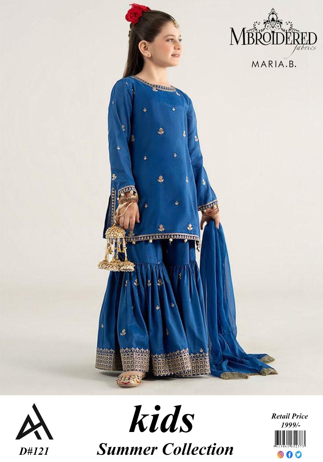 ✨ Maria B Kids Blue Printed Lawn 3 Piece Suit – Girls Summer Cotton Lawn Dress with Trouser & Dupatta | Soft & Comfortable Casual Wear