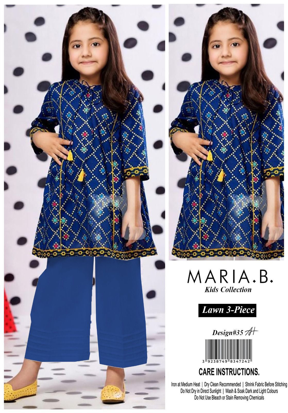 ✨ Maria B Kids Blue Printed Lawn 3 Piece Suit – Girls Summer Cotton Lawn Dress with Trouser & Dupatta | Soft & Comfortable Casual Wear