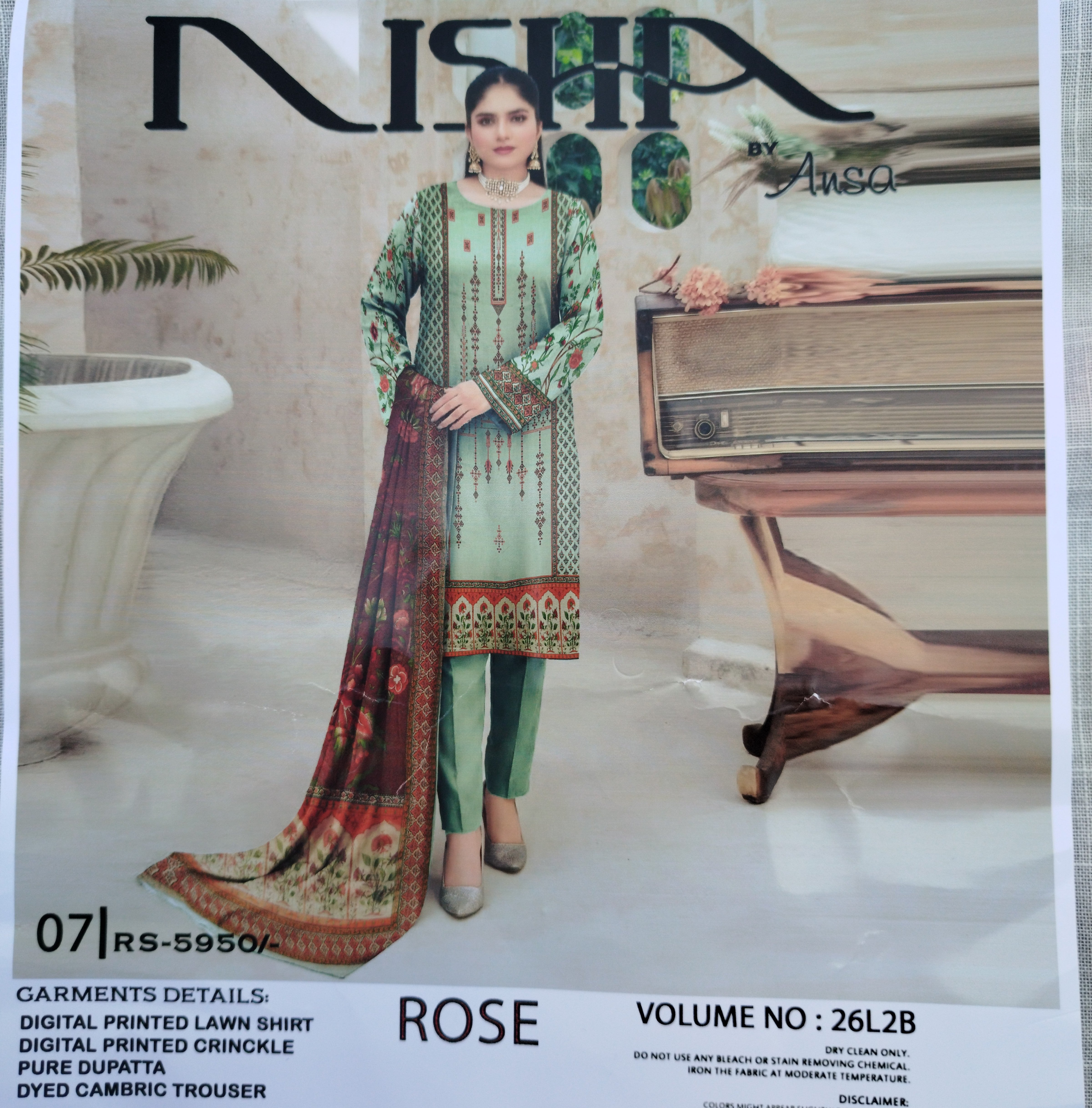 Nisha Lawn Rose 3 Piece Digital Printed Lawn Suit with Crinkle Dupatta