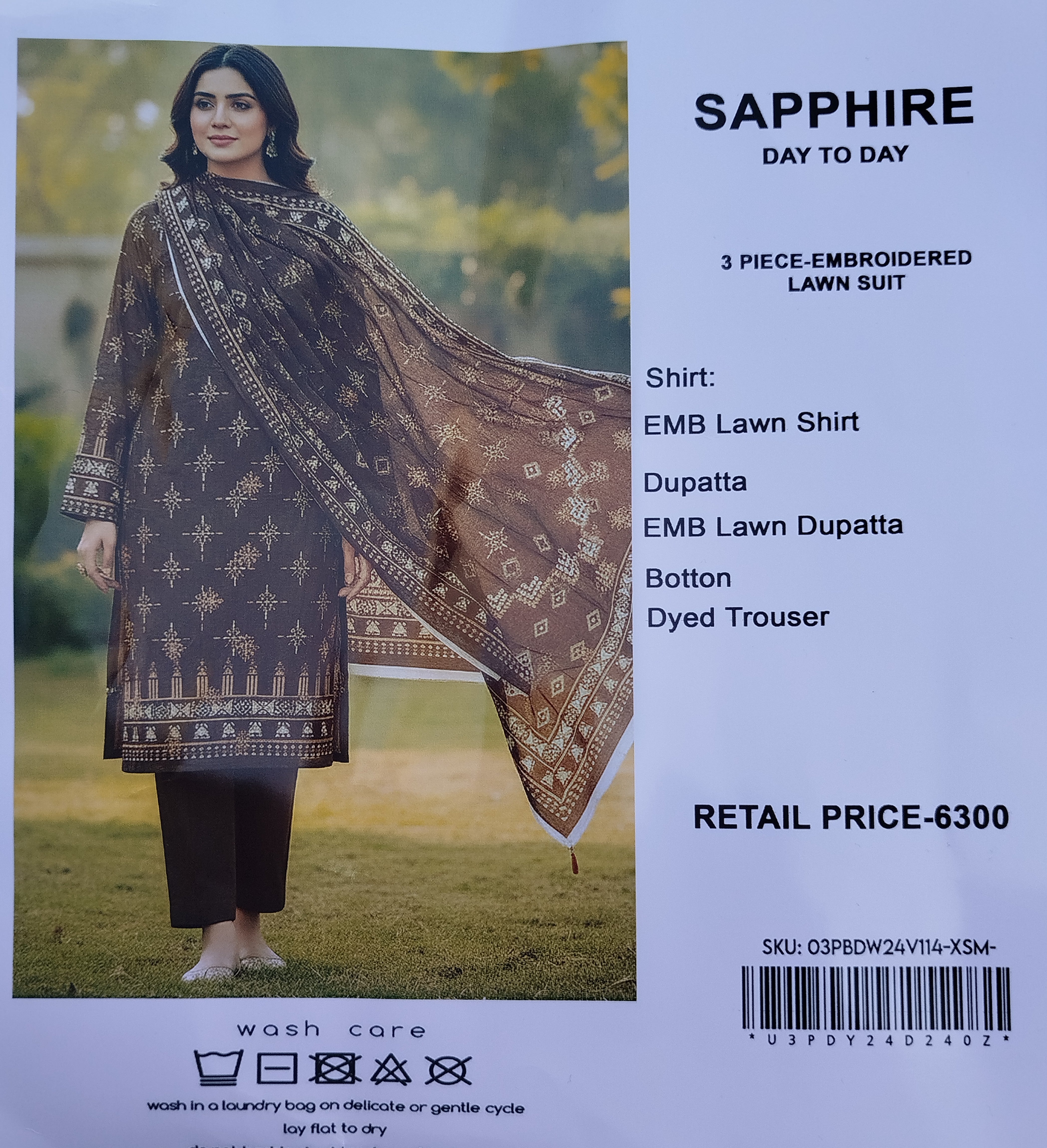 SAPPHIRE 3 PIECE-EMBROIDERED LAWN SUIT
