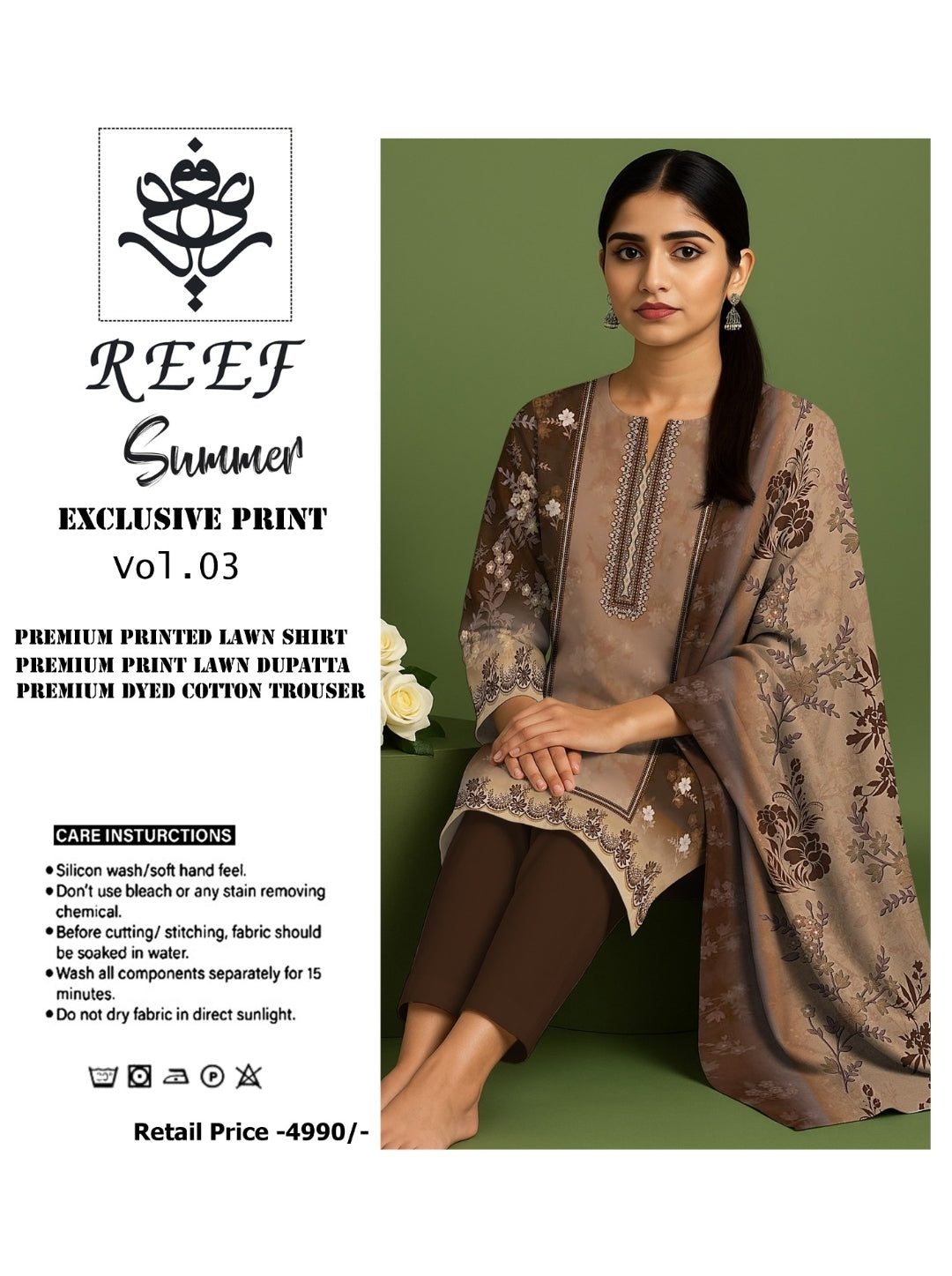 Reef Inspired Summer Exclusive Printed Lawn 3-Piece Suit | Premium Lawn Shirt Printed Dupatta & Dyed Cotton Trouser