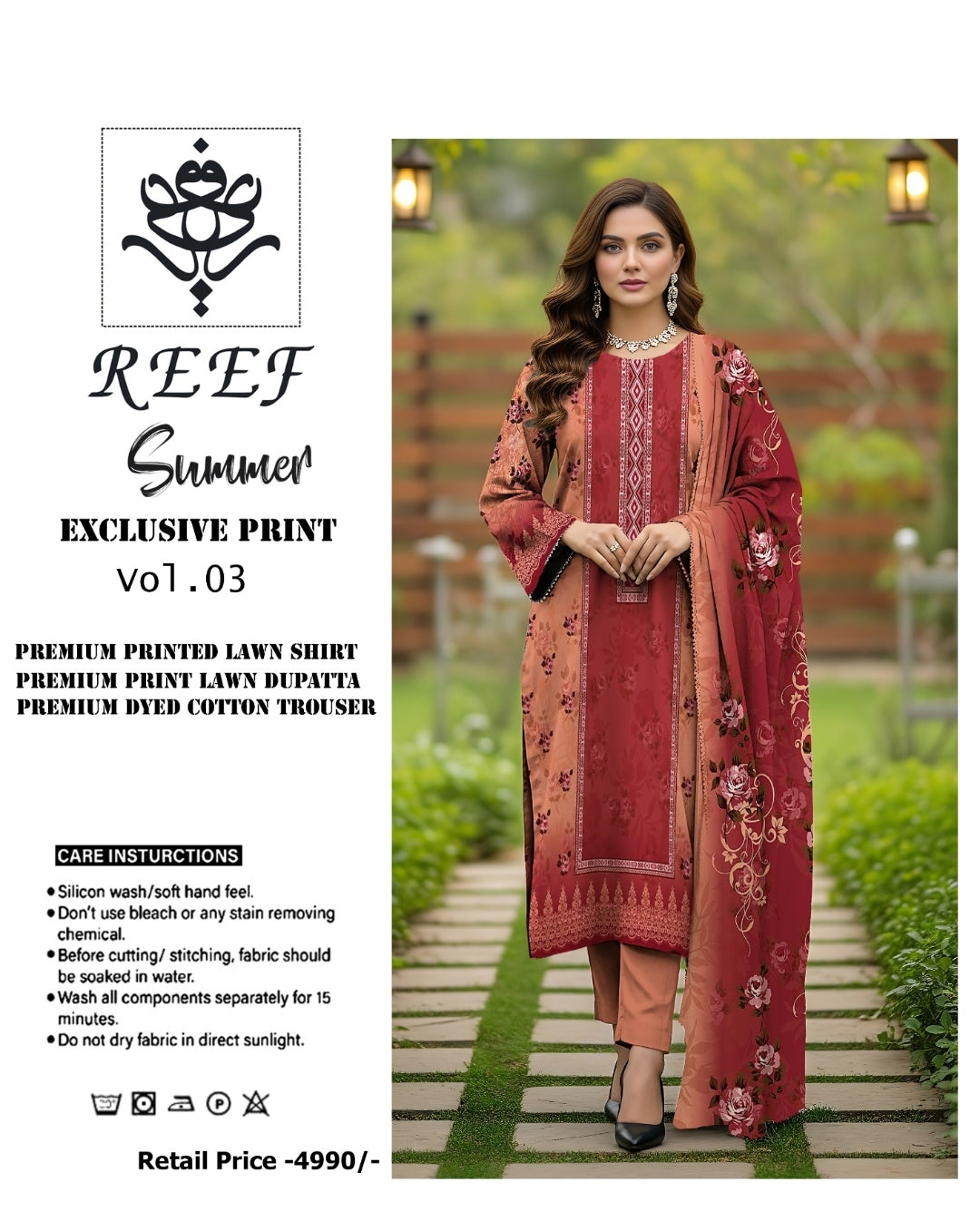 Reef Inspired Summer Exclusive Printed Lawn 3-Piece Suit | Premium Lawn Shirt Printed Dupatta & Dyed Cotton Trouser
