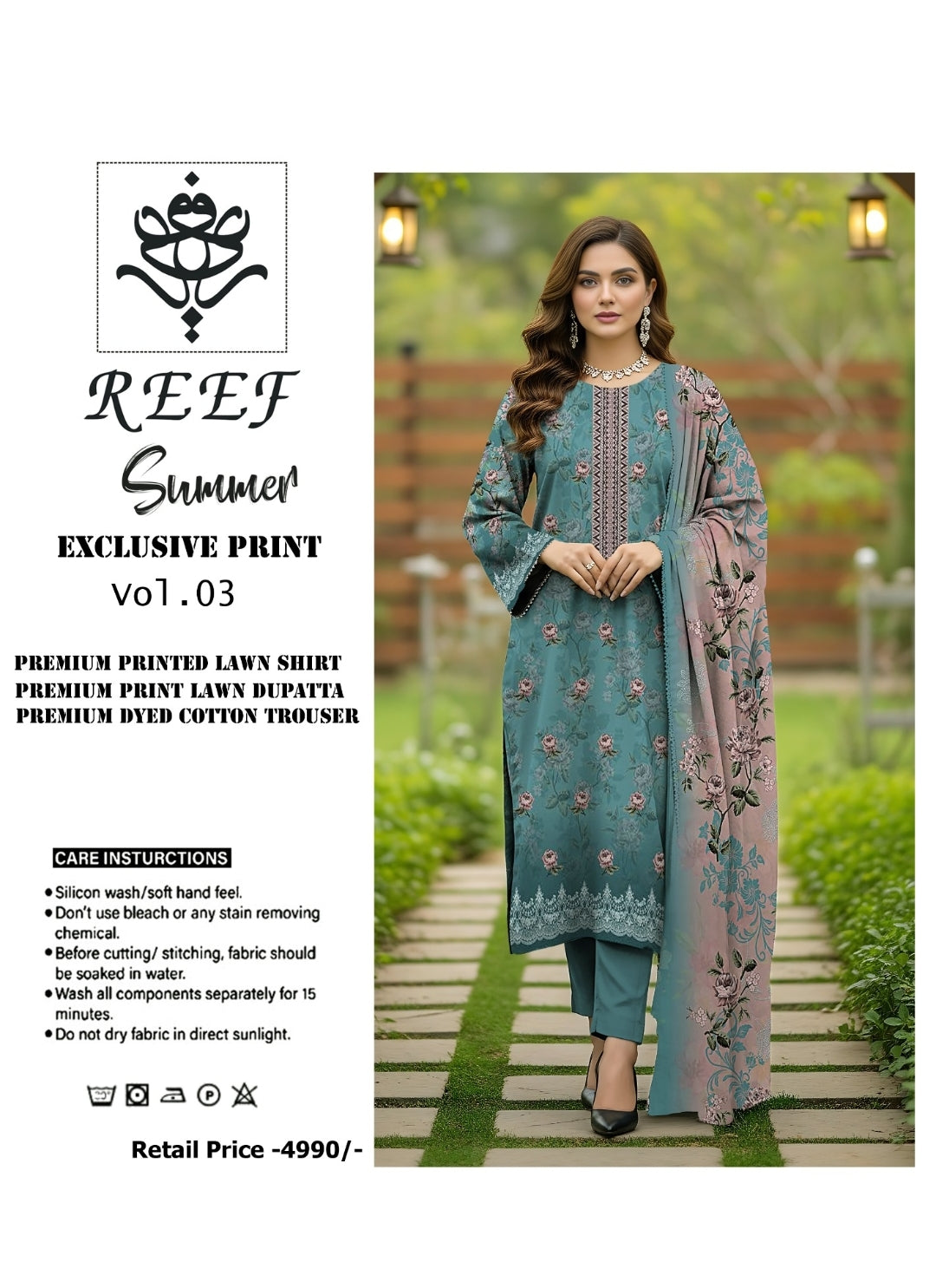 Reef Inspired Summer Exclusive Printed Lawn 3-Piece Suit | Premium Lawn Shirt Printed Dupatta & Dyed Cotton Trouser