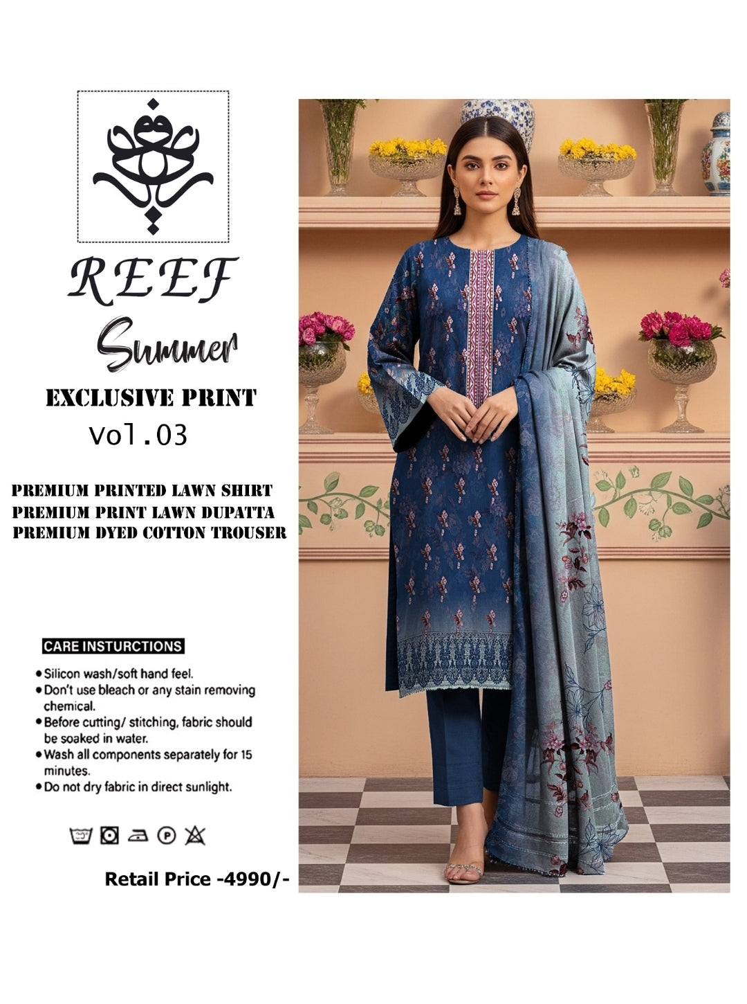 Reef Inspired Summer Exclusive Printed Lawn 3-Piece Suit | Premium Lawn Shirt Printed Dupatta & Dyed Cotton Trouser